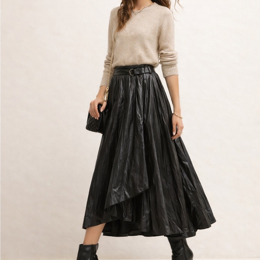 Zara Black Faux Leather Midi Skirt Belt Pleated Maxi Women XS Blogger Fave Wrap